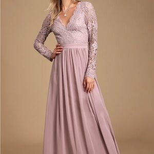 Lulus Awaken My Love Dusty Lavender Long Sleeve Lace Maxi Dress Large